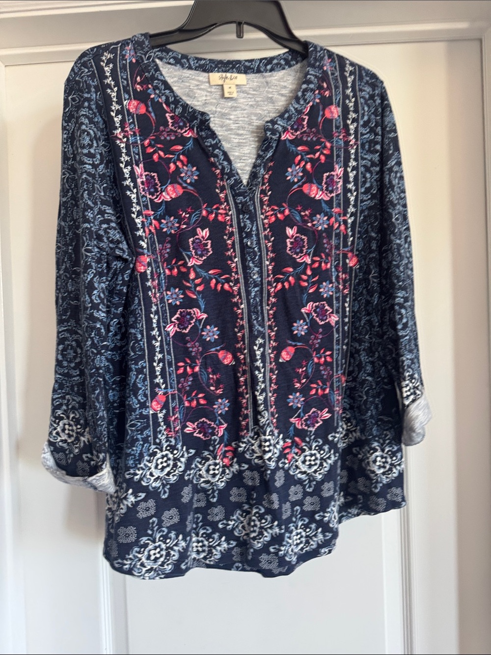 Style & Co. Navy Tunic with Pink Floral Embroidery